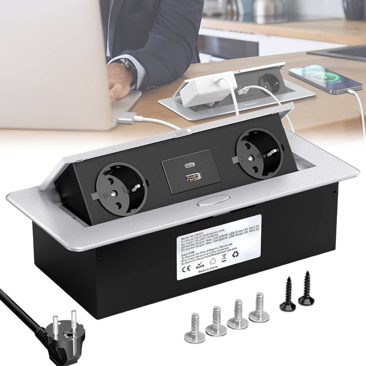 Вграден контакт в мебели, Puepoul, 2 европейски гнезда, 1 USB-A гнездо и 1 USB-C гнездо, вграден, цинкова сплав, ABS, 26.5 X 11.8 X 6.8CM, черно/сребристо