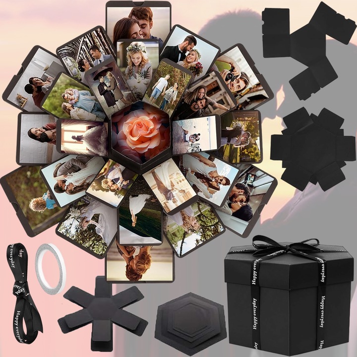 Set album foto creativ, Puepoul, Hexagon, Carton, Cutie cadou care explodeaza, Carte memorie DIY, 47x42 cm, pentru Nunta, Ziua Indragostitilor, Absolvit, zi de Petrecere, Inregistrator de Momente de Dragoste, Negru