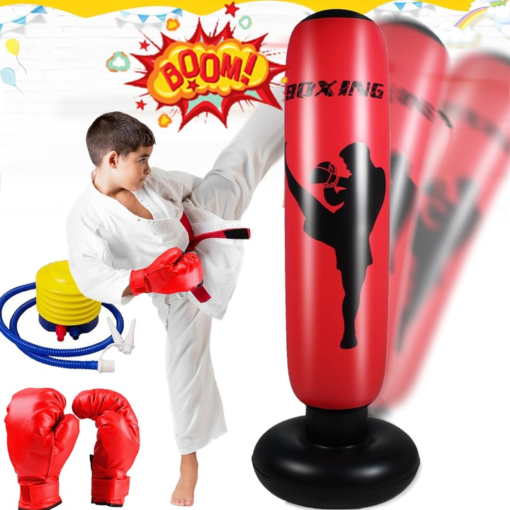 Sac de box pentru copii, Puepoul, Gonflabil, 160x60cm, cu Manusi + Pompa, PVC Durabil, Usor de Utilizat, 6 ani+, Set pentru Antrenament Acasa, Kickboxing, Karate, Taekwondo, Rosu/Negru
