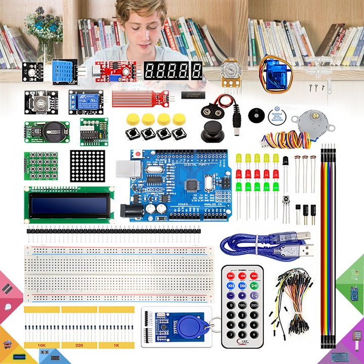 Комплект за програмиране на Arduino UNO R3, Puepoul, комплект електронни компоненти, съвместим с Arduino, 41 електронни компонента, за начинаещи, дистанционно управление, стъпков двигател, включени онлайн уроци
