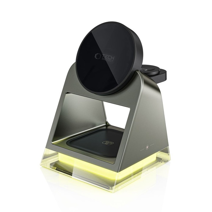 Statie incarcare wireless, Tech-Protec, 3 in 1, cu suport MagSafe, 15 W, gri