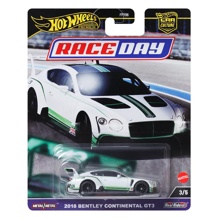 Masinuta metalica Hot Wheels Premium, Race Day, 2018 Bentley Continental GT3 1:64, Alb si Verde