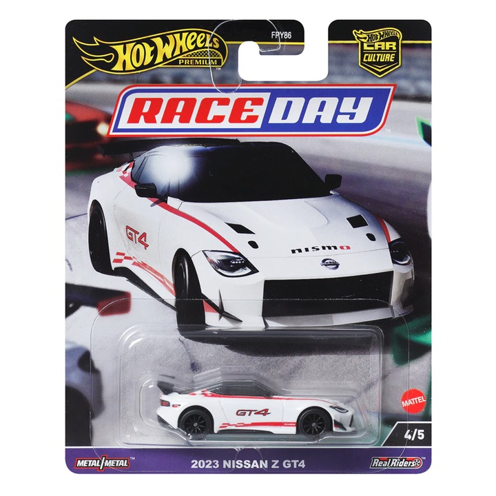 Hot Wheels Premium Metal Car, Race Day, 2023 Nissan Z GT4, 1:64, бяло и червено