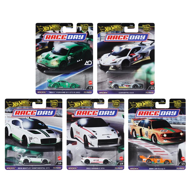 Комплект от 5 метални автомобила Hot Wheels Premium, Race Day 2024, Rexy Porsche 911, Corvette C8.R, Bentley Continental, Nissan Z, BMW320 Group 5, 1:64, многоцветен
