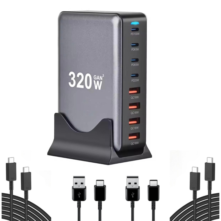 Set Statie de Incarcare Rapida 320W GaN III 8-in-1 4 USB-C & 4 USB-A, PD 100W, Compatibila cu iPhone 16/15/14/13/12 Galaxy S24/S23/s22/s21, include 2 cablu C-C 3A, 2 X USB-A-C