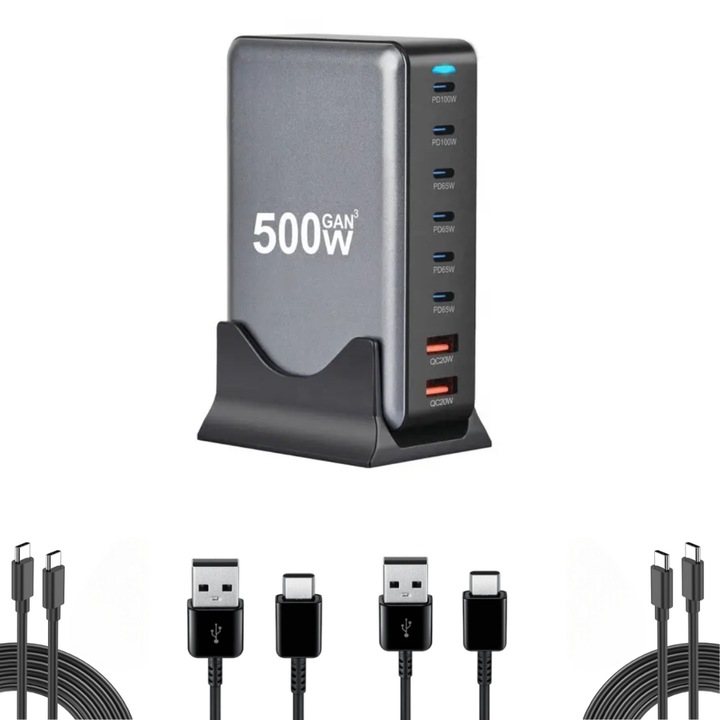 Set Statie de Incarcare Rapida 500W GaN III 8-in-1, 6 USB-C PD 100W, 65W & 2 USB-A, Compatibila cu iPhone 16/15/14/13/12 Galaxy S24/S23/s22/s21, include 2 cablu C-C 3A, 2 X USB-A-C