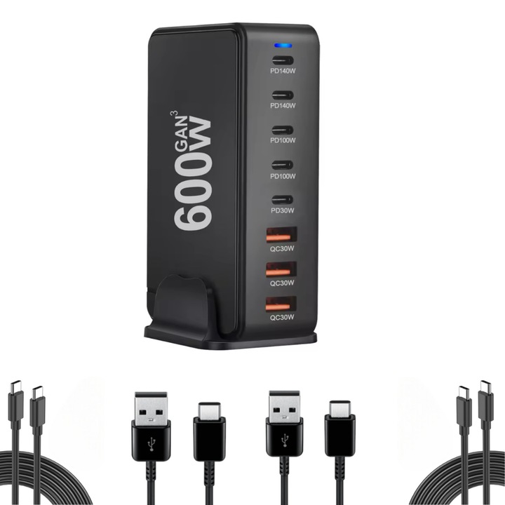 Set Statie de Incarcare Rapida 600W GaN III 8-in-1, 5 USB-C PD 140W, 100W, 30W & 3 USB-A, Compatibila cu iPhone 16/15/14/13/12 Galaxy S24/S23/s22/s21, include 2 cablu C-C 3A, 2 X USB-A-C