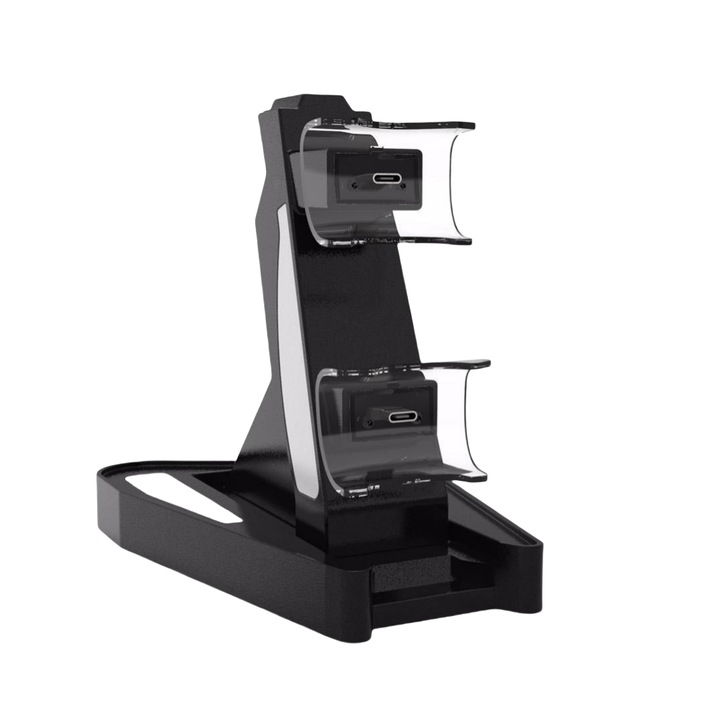 Statie de incarcare Gamepad PS5, 2 prize, port Type-c/USB cu indicator luminos, usor de transportat, negru