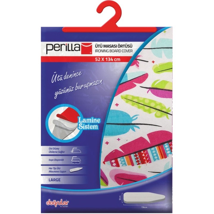 Husa profesionala pentru masa calcat, model pene, alb, 52 x 134 cm