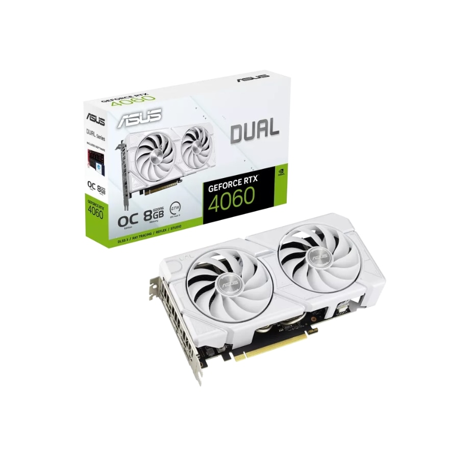 箱有 ASUS RTX4060 DUAL OC White 8GB GDDR6 Placa video ASUS GeForce RTX 4060 DUAL EVO OC WHITE 8GB GDDR6 128