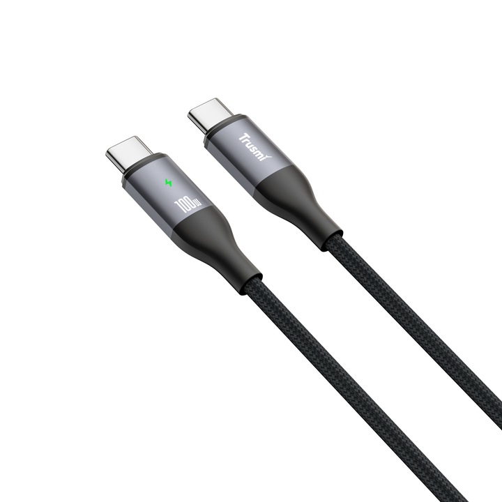 Cablu Date si Incarcare TRUSMI CA12-04, 5A, Max 100W, USB-C la USB-C, Ultra Fast Charge cu Led, Oprire automata a alimentarii dispozitivului, Transfer date pana la 480Mb/s, Multiple protectii, Compatibilitate universala, 1M, Negru