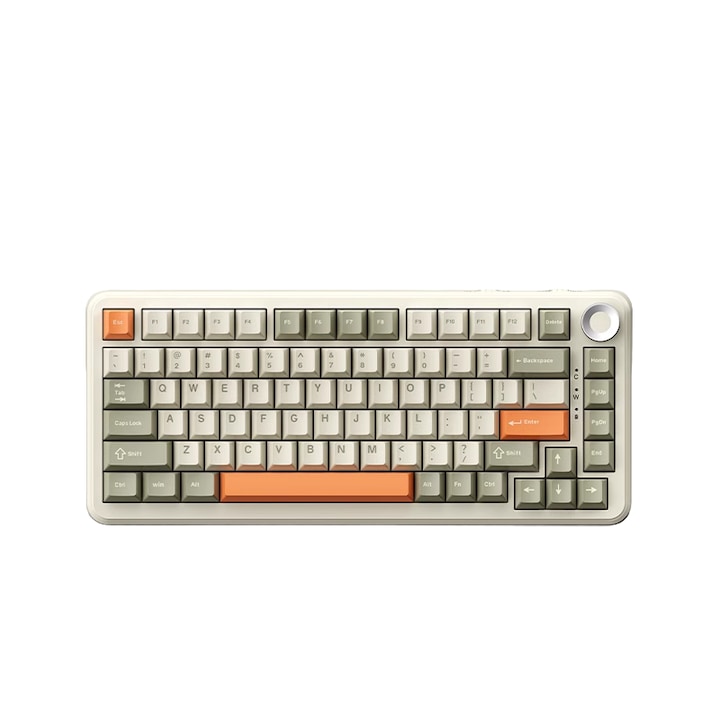 AJAZZ AK820 MAX геймърска механична клавиатура, 82 клавиша, три режима на свързване: Bluetooth, безжична и кабелна, ретро бял цвят, Flying Fish (линейни) превключватели, 8000mAh батерия, RGB светлинни ефекти, контрол на силата на звука с въртящо се копче