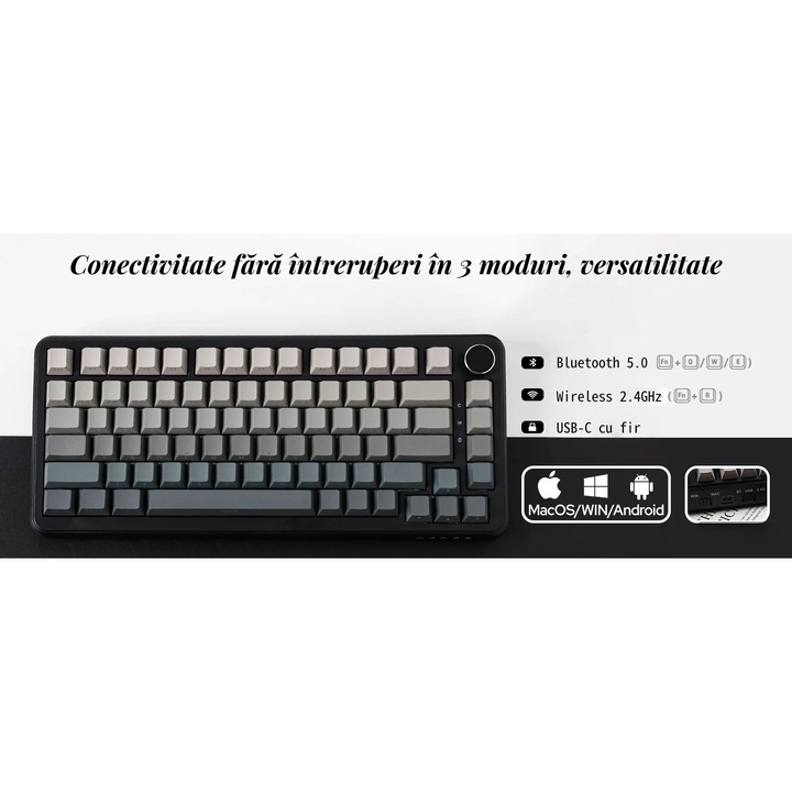 AJAZZ AK820 MAX gaming Tastatura mecanica, 82 de taste, conectivitate in trei moduri: Bluetooth, wireless si cablu, culoare retro alba, switch-uri Flying Fish (linear), baterie de 8000mAh, efecte de lumina RGB, control al volumului cu buton rotativ