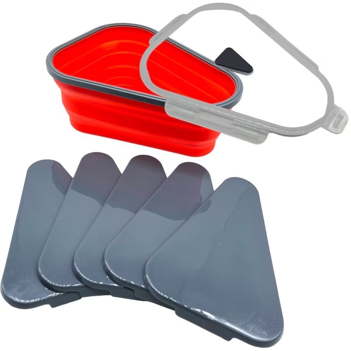 Cutie alimentara pentru felii de pizza, 5 tavi incluse, pliabila, reutilizabila, silicon alimentar, rosu