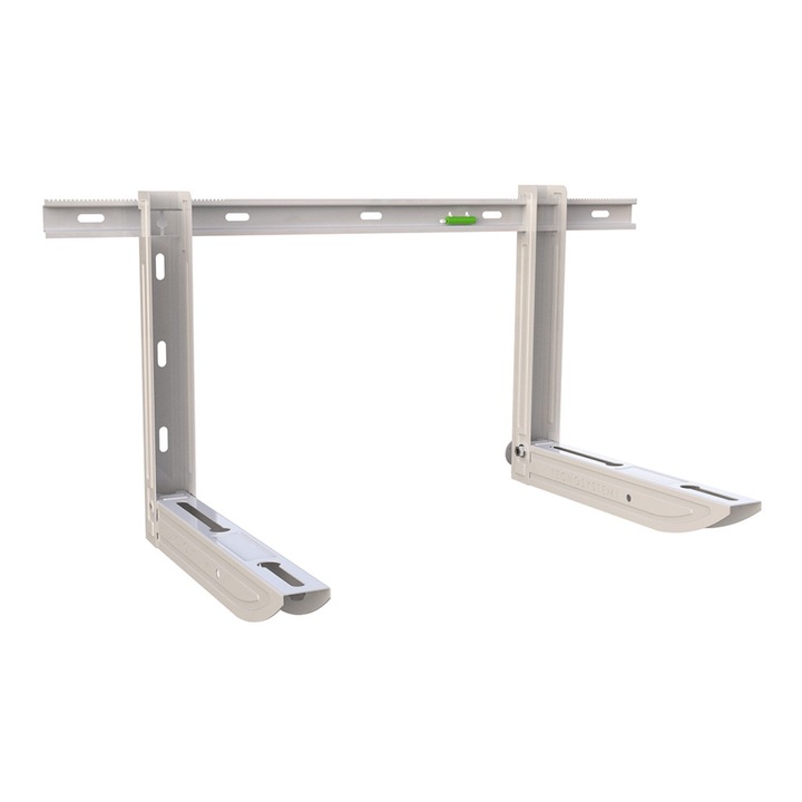 Стойка за външни тела на климатици GALILEO IVORY SGL 100 ECO, Комплект антивибрационни елементи, Регулируеми крачета, Назъбена шина за бързо фиксиране, Подготвена за тава за конденз, Нивелир с мехурче, Устойчива на атмосферни влияния RAL 9002