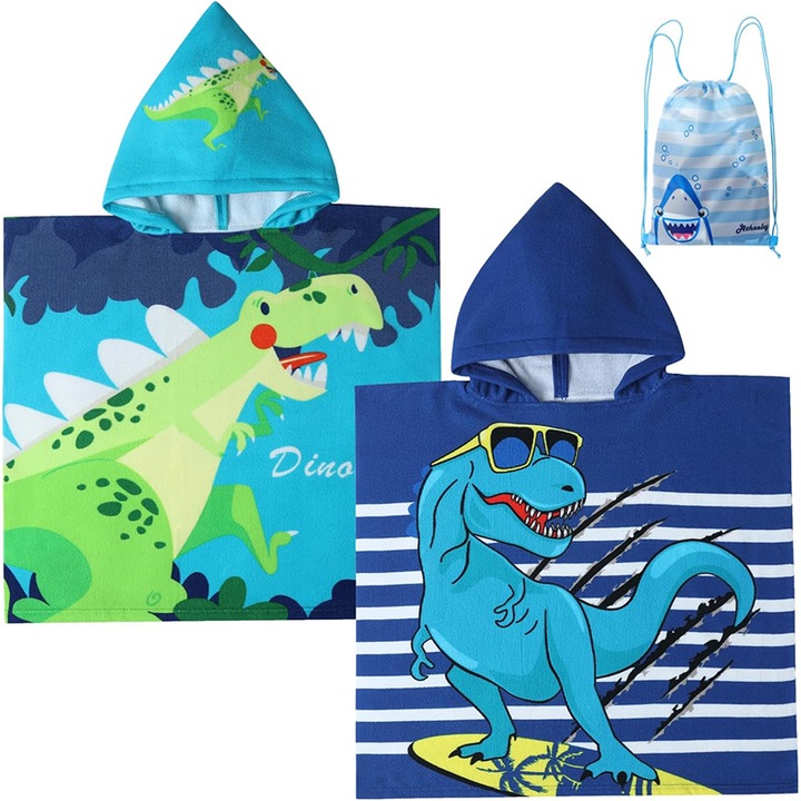 Prosoape de baie pentru copii Rqiurpn, set 2 bucati, design dinozaur, microfibra, Moale si prietenos cu pielea, Stil poncho, Potrivit pentru copii acasa, baie, plaja, inot, albastru / verde, 60x60 cm