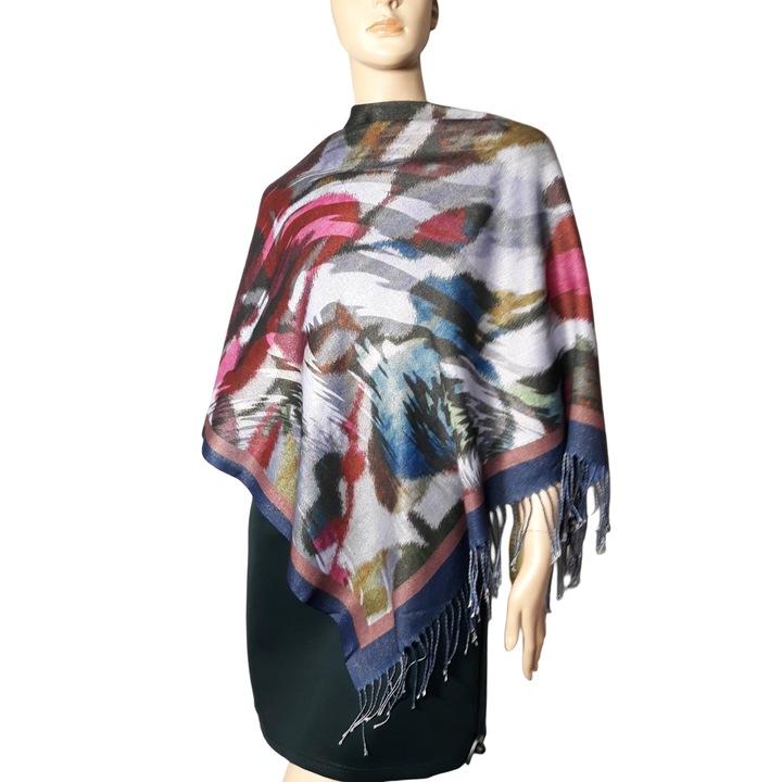 Дамски шал, квадратен, с две страни, абстрактен принт с лъскав конец, син