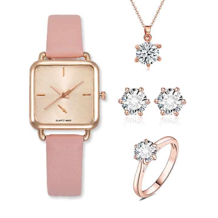Set ceas cu accesorii OEMG din Piele Ecologica cu Quartz, cu Colier, Cercei si Inel, Roz, Elegant