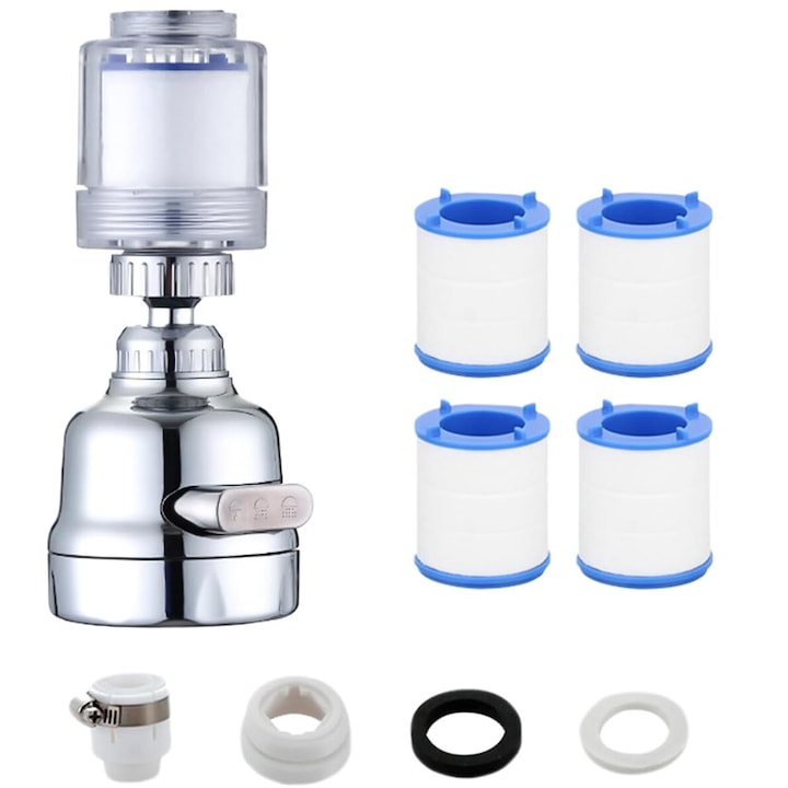 Filtru de apa pentru robinet, PsAyl, rotire 360, 5 cartuse de filtrare, cromat