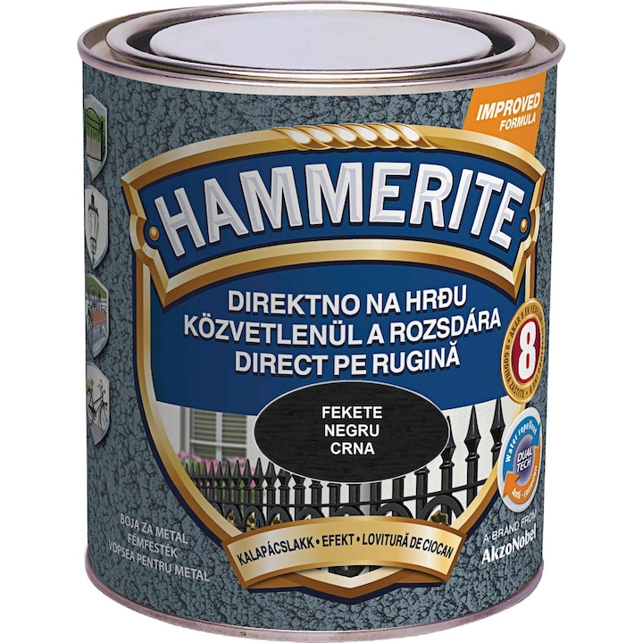 Email pe baza de solvent Hammerite, pentru metal, negru, aspect lovitura de ciocan, 0.75 L