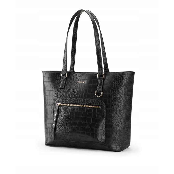 Geanta dama shopper, Puccini, piele ecologica, neagra, compatibil A4