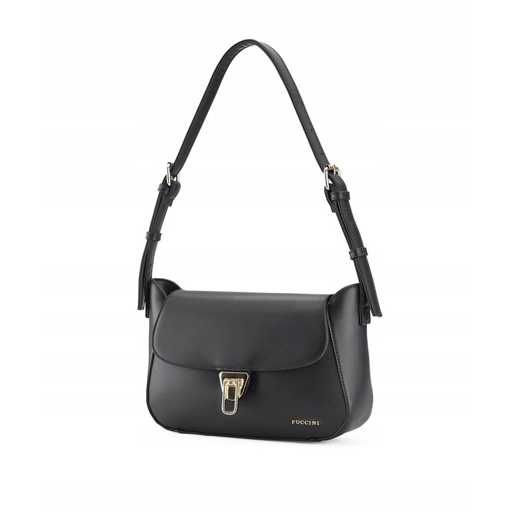 Geanta dama de umar, Puccini, neagra, din piele ecologica, cu detalii aurii, cu buzunar interior