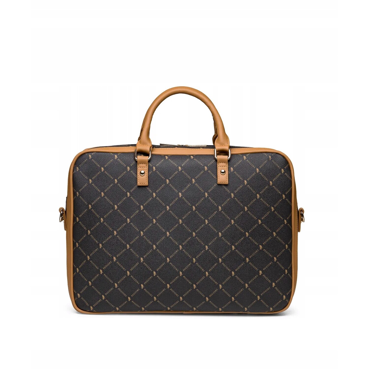 Geanta laptop dama PUCCINI Monogram, maro, 15 inch, cu curea ajustabila