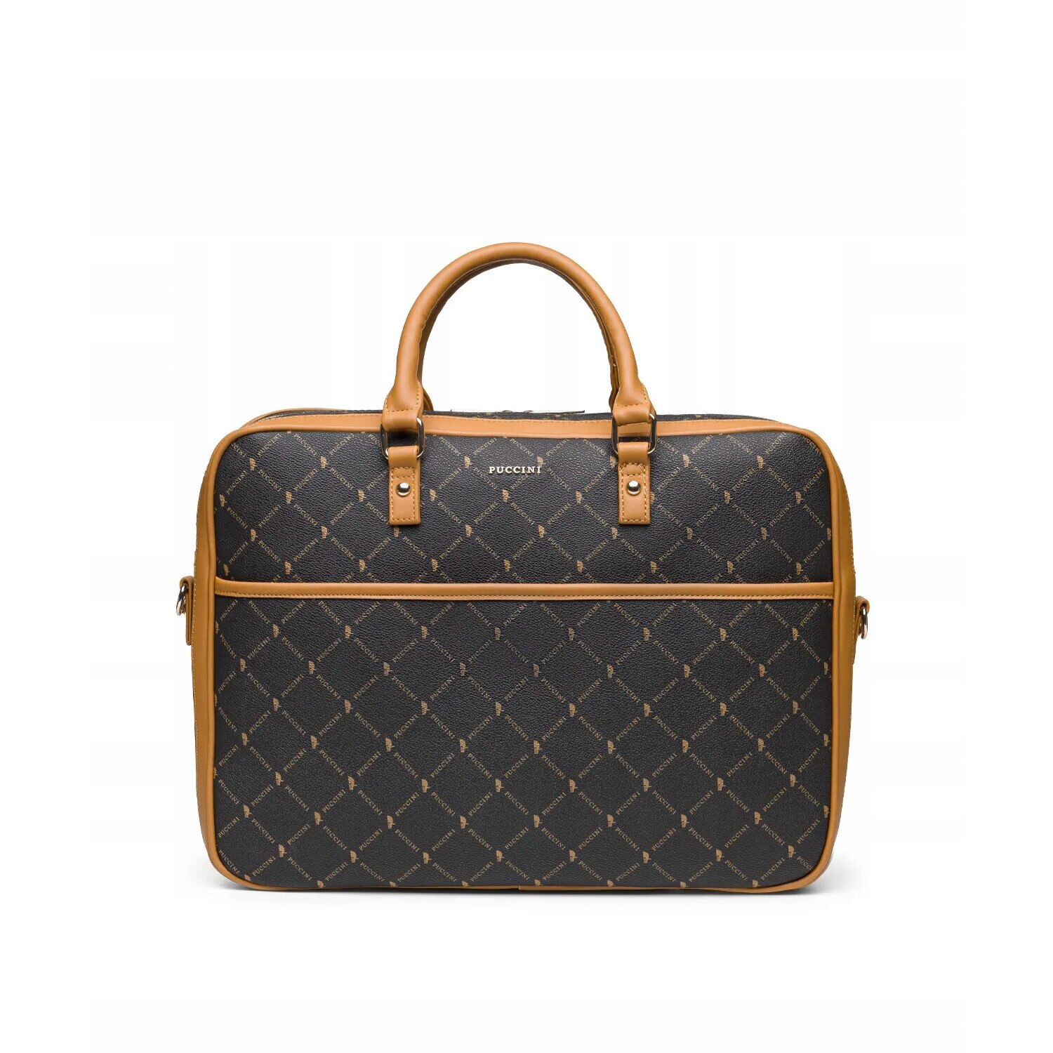 Geanta laptop dama PUCCINI Monogram, maro, 15 inch, cu curea ajustabila
