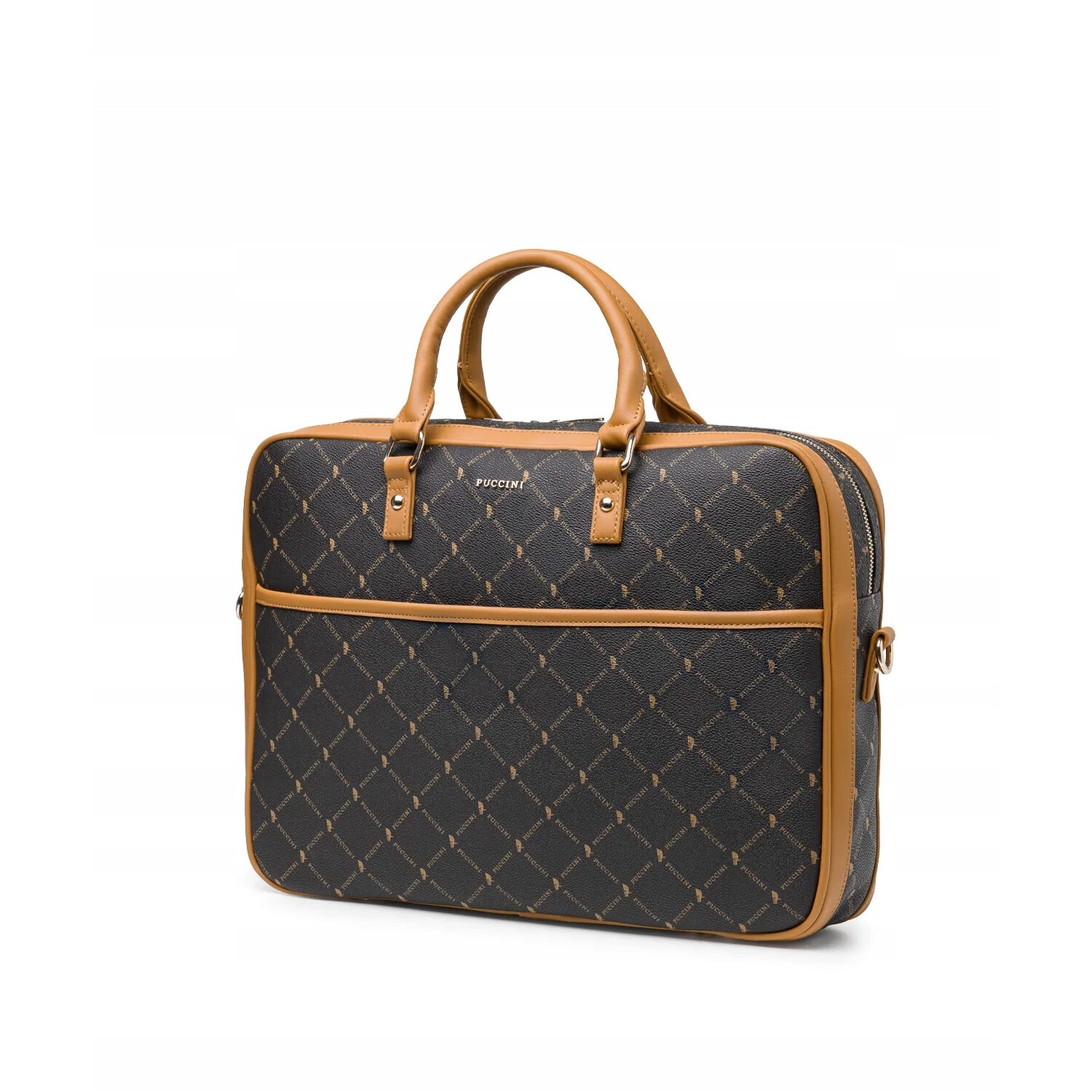 Geanta laptop dama PUCCINI Monogram, maro, 15 inch, cu curea ajustabila