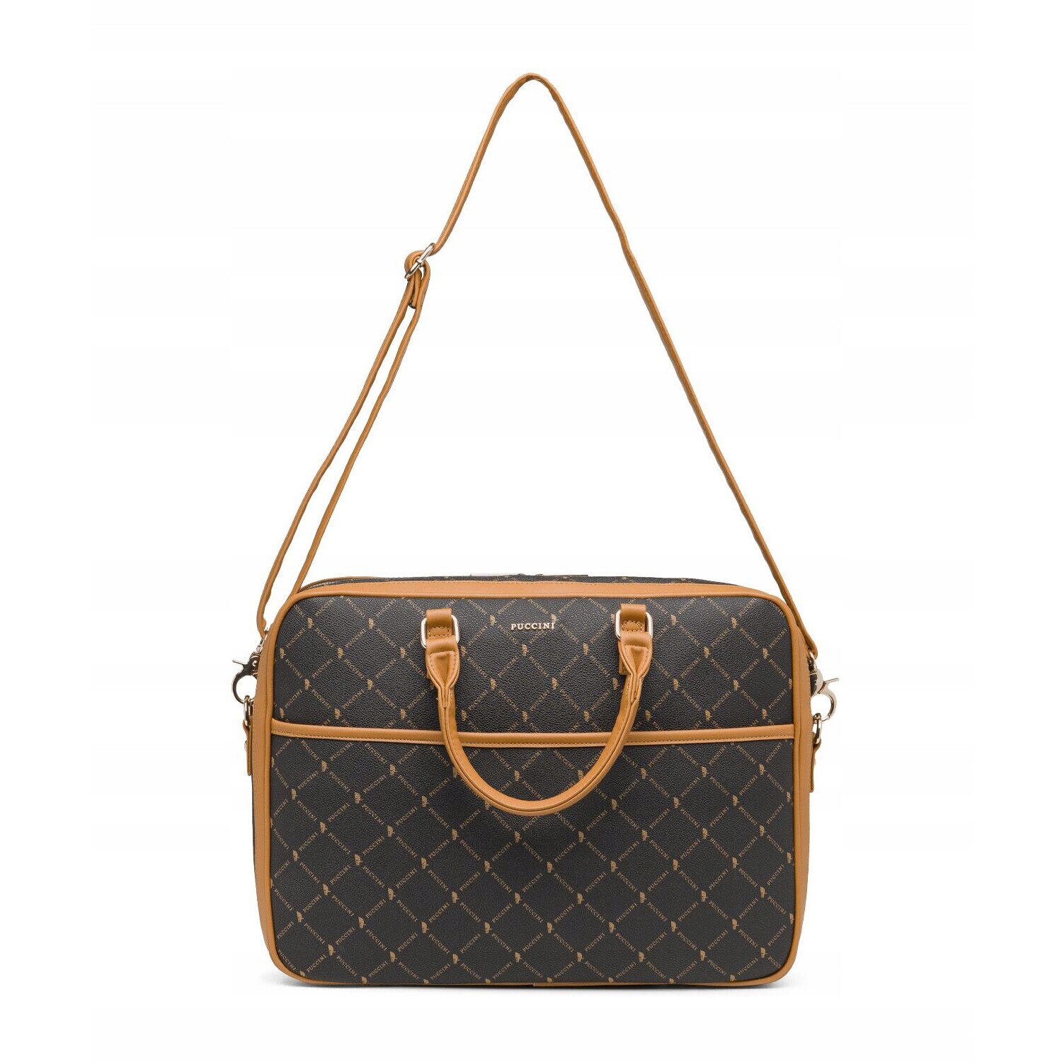 Geanta laptop dama PUCCINI Monogram, maro, 15 inch, cu curea ajustabila