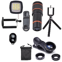 Set 11 in 1 Lentile profesionale Smartphone, lentila Teleobiectiv 12x, Fisheye, Macro, trepied flexibil si flash led pentru smartphone si tablete cu clema de prindere - Phuture®