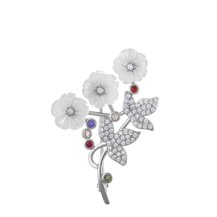 Brosa din argint 925 rodiat, Piatra: sidef, zirconia fatetata si cubic zirconia, Culoare: multicolor, Sonis Silver