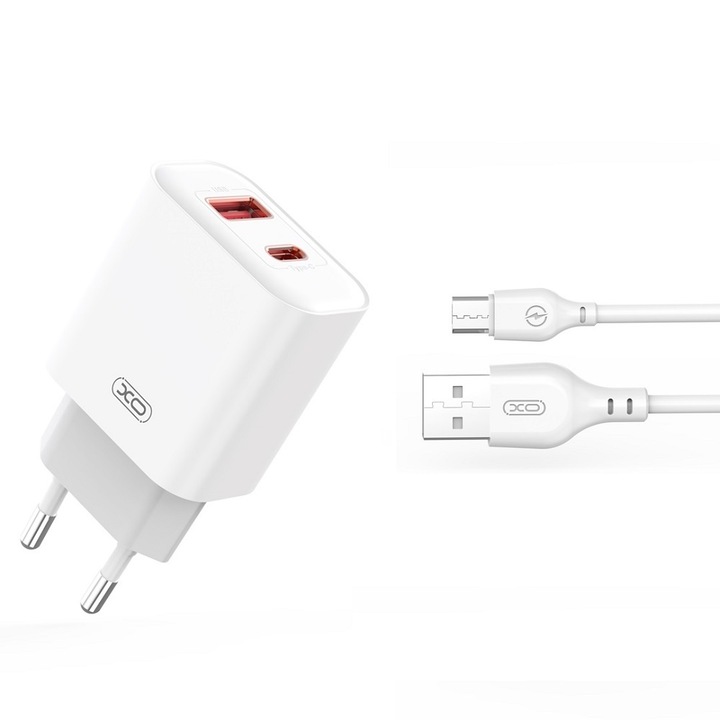 Incarcator de Perete Ce12 Pd Qc3.0 20w 1x Usb 1x Usb-c Alb + Cablu Usb - Microusb