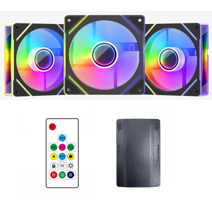 Set 3 ventilatoare 1stPlayer® Combo FC-bk aRGB, controller si telecomanda, culoare neagra