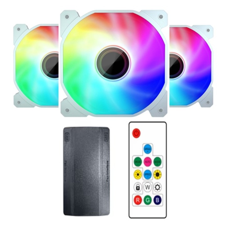 Set 3 ventilatoare 1stPlayer® Combo FIS-wh aRGB, controller si telecomanda, culoare alba