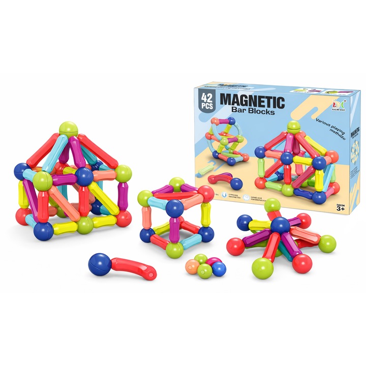 Joc de Constructie Magnetic 42 Piese, Set Educativ 3D cu Bile si Bare Magnetice, Multicolor, Jucarie Creativa Copii 4+, 28cm