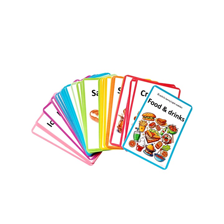 Set 36 cartonase educative montessori, pentru copii si profesori, flashcards pentru invatare in limba engleza, cartonate, cu colturile rotunjite, vocabular alimente, mancare si bauturi, albastru, 13 x 9 cm
