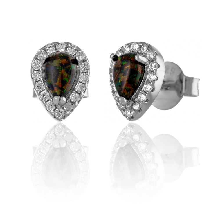 Cercei din argint 925 rodiat, Piatra : opal de laborator si cubic zirconia, Culoare maro cu insertii de verde si transparent