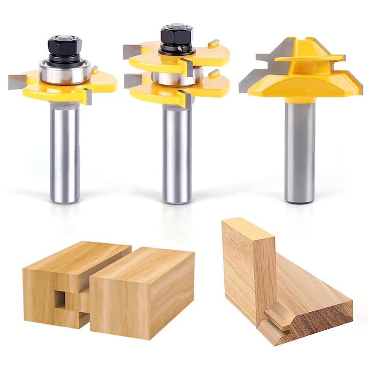 Set 3 Freze pentru Lemn Dussdote, Freza cu Canale si Miter de 45 Grade, Otel, 1/2 Inch, 3/4 Stock