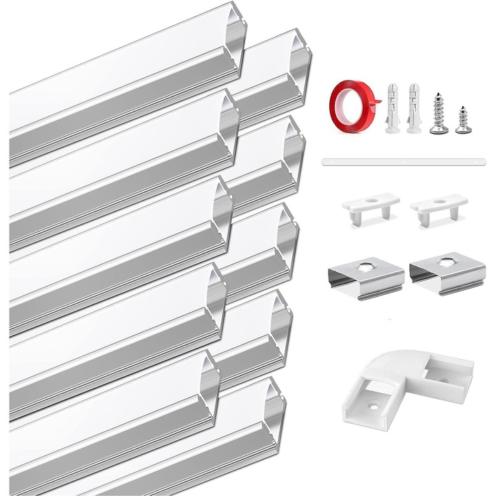U-alakú alumínium profil 10X1m LED szalaghoz, tartozékkészlettel