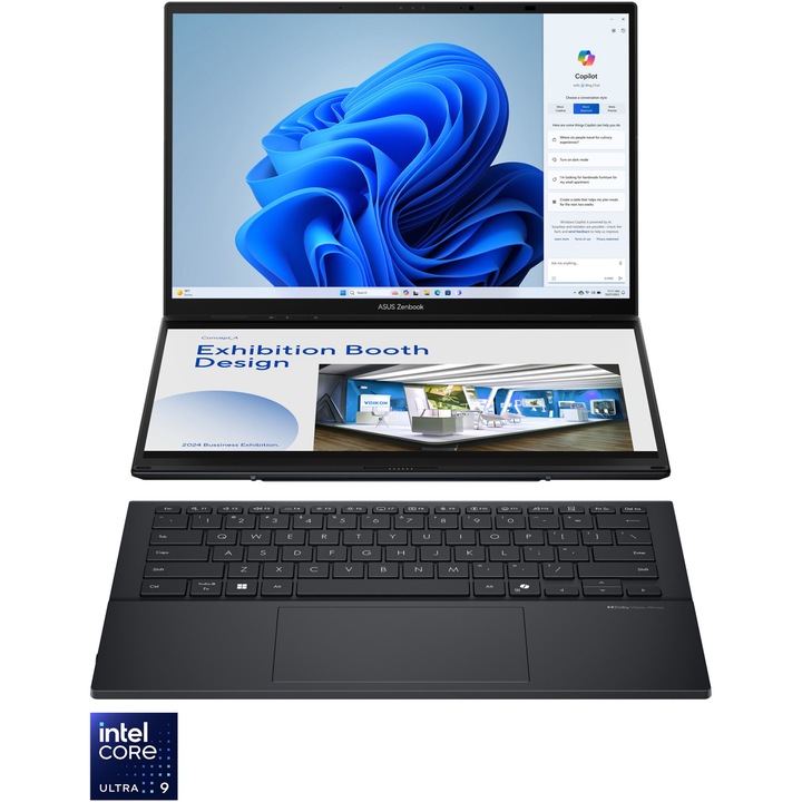 Лаптоп ASUS Zenbook Duo UX8406CA, Intel® Core™ Ultra 9 285H, 14'', 3K, OLED, Touch, 120Hz, 32GB LPDDR5X, 1TB SSD, Intel® Arc™ Graphics, Windows 11 Pro, Inkwell Gray