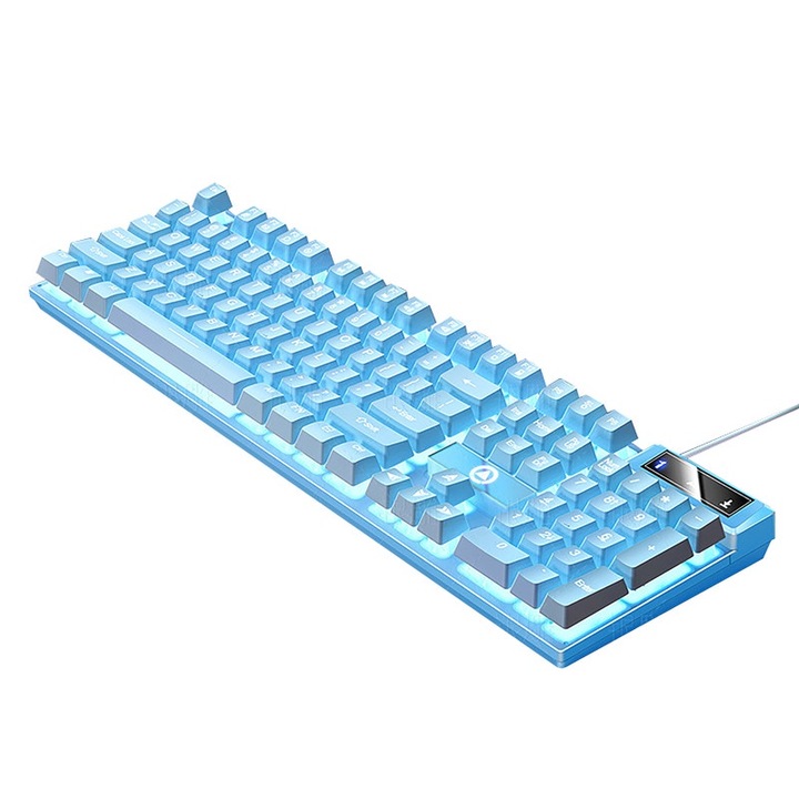 Tastatura mecanica pentru gaming, iluminare alba, 104 butoane, 435x130x25mm, cablu de 1.4m, albastru