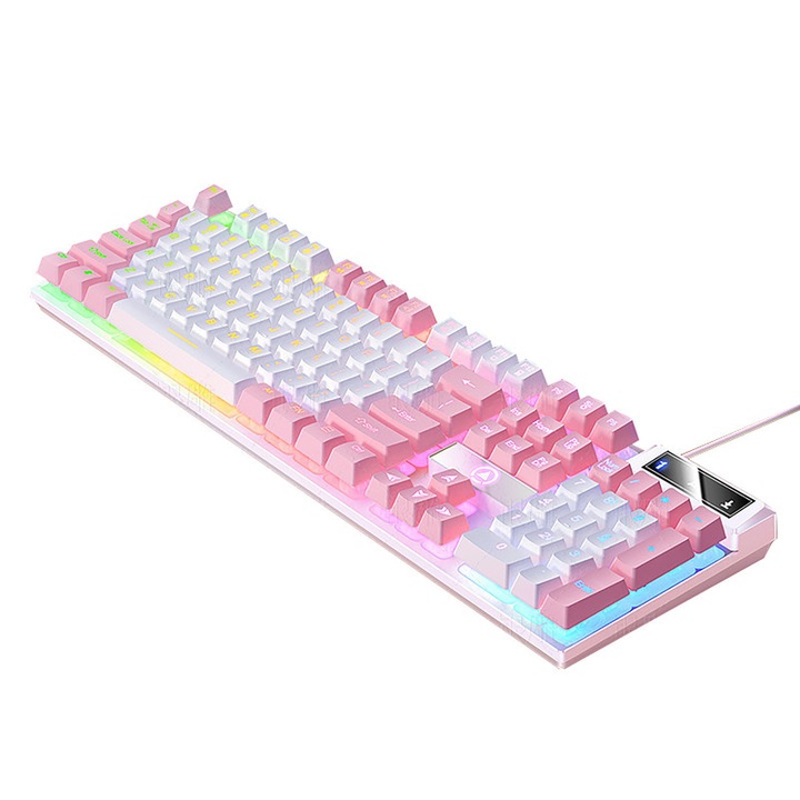 Mechanikus gaming billentyűzet, fehér és vegyes világítás, 104 gomb, 435x130x25mm, 1,4 m kábel, vízálló, rózsaszín