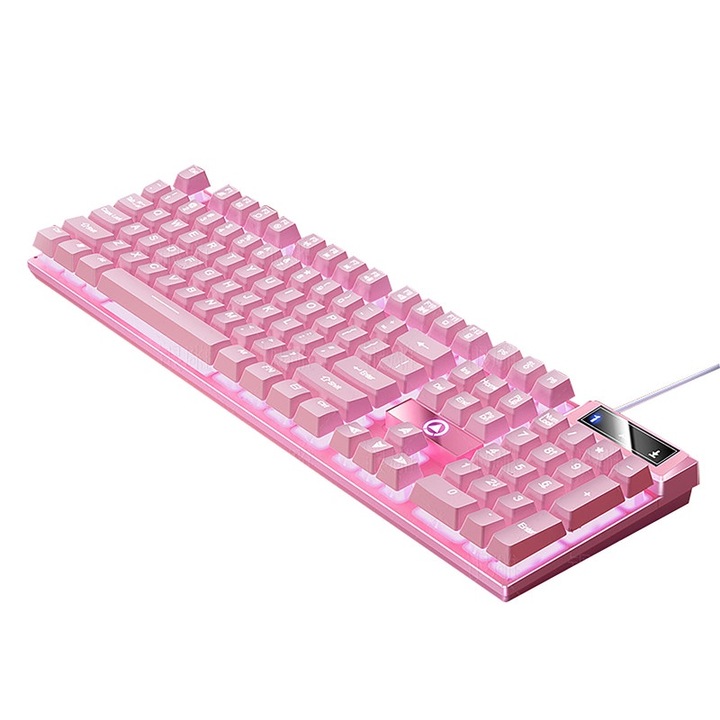 Tastatura mecanica pentru gaming, iluminare alba, 104 butoane, 435x130x25mm, cablu de 1.4m, roz