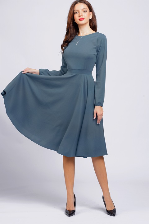 CAMISSI, Rochie midi evazata cu decolteu barcuta, Albastru prafuit