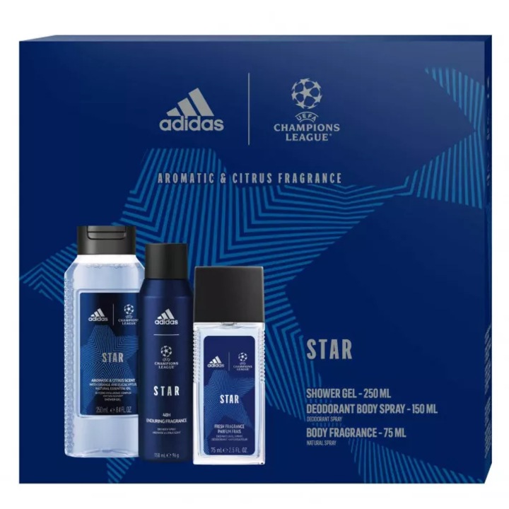 Set Adidas Uefa Star, Deodorant Natural Spray 75 ml + Deodorant 150 ml + Gel de Dus 250 ml