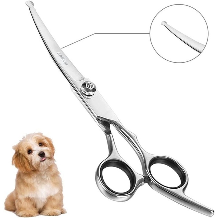 Foarfeca de tuns pentru animale, Varf rotund de siguranta, Ergonomic, pentru pisici si caini, Din otel inoxidabil, 17.5 cm, Argintiu