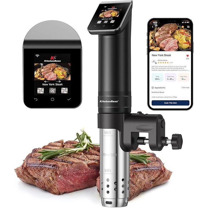 KitchenBoss Sous Vide Stick G330 cu WiFi - Aparat de Gatire Sous Vide cu Control de Precizie, Setare Temperatura pana la 90°C. Ecran Tactil TFT, Circulatie 360° pentru Gatire Uniforma