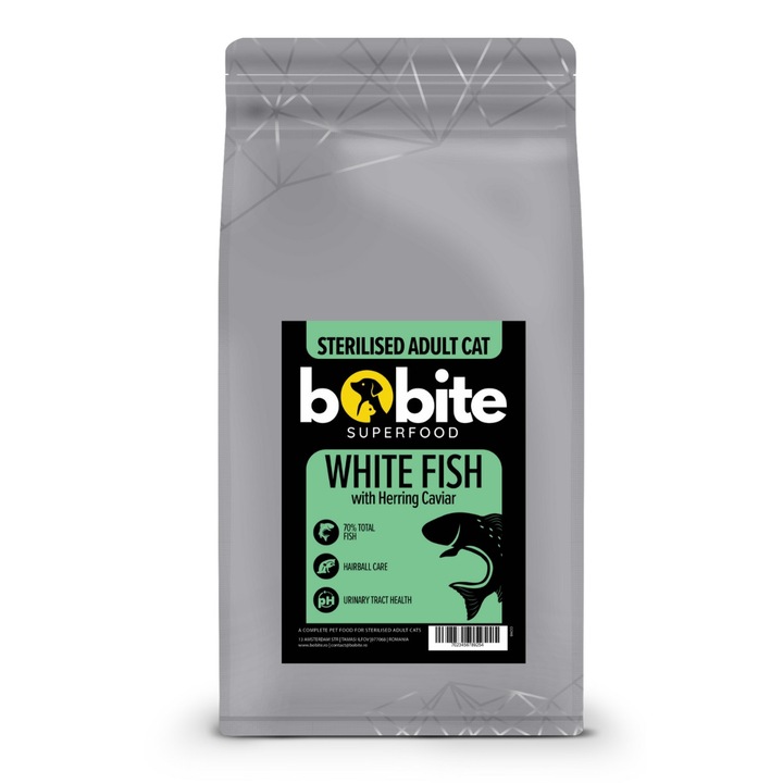 Bobite Superfood Adult Sterilizat – Peste alb si icre de hering, hrana uscata superpremium pisici fara cereale, 1,5 kg