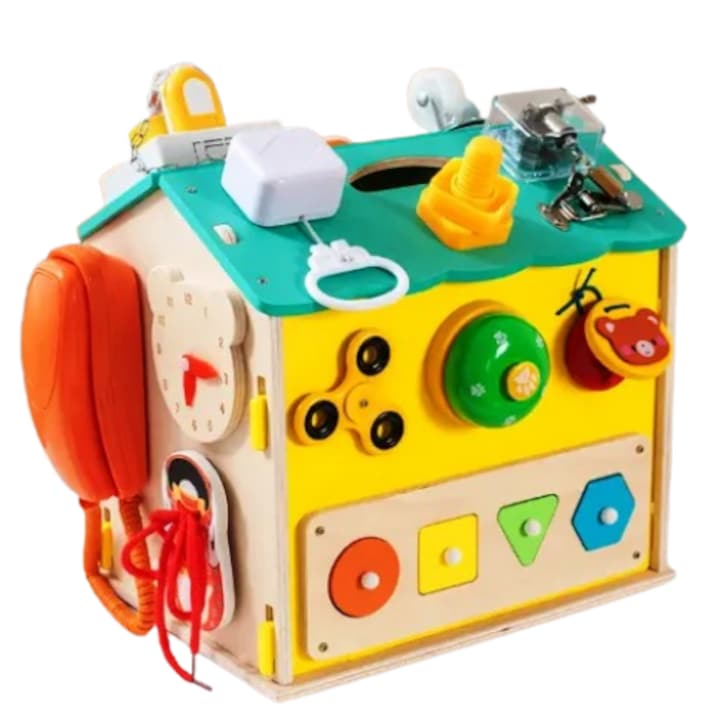 Casuta activitati Montessori Busy Board, Multicolor, 35 x 27 x 31 cm